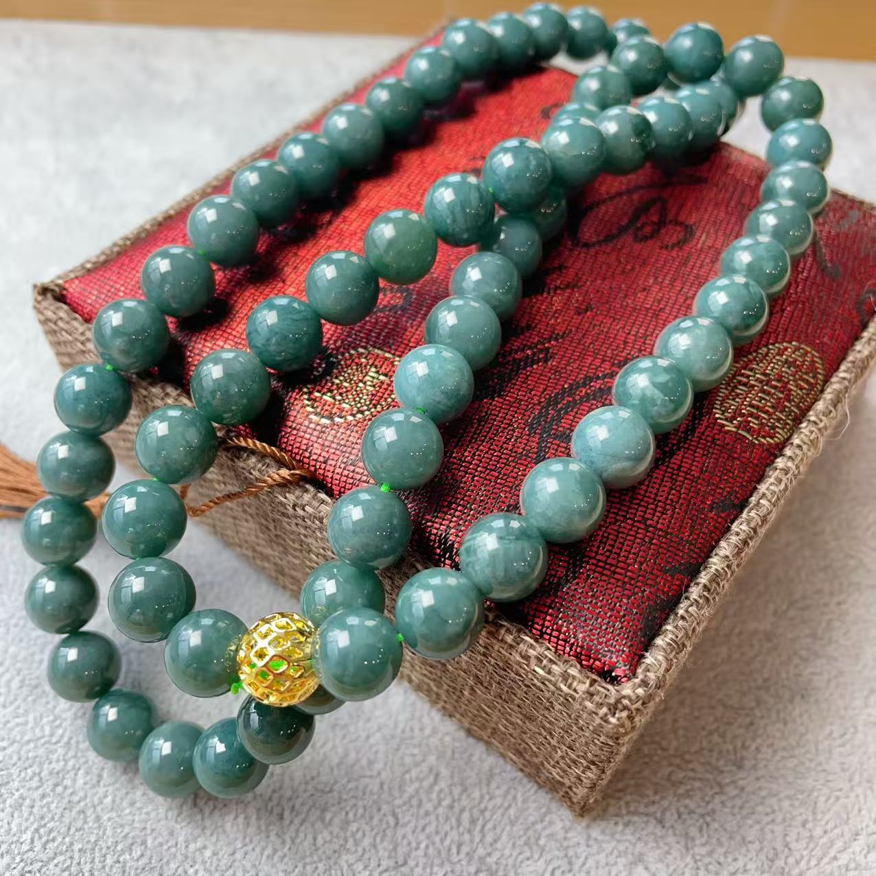 Certified Natural Blue Jadeite Beaded Necklace, 10mm Jadeite Chain Necklace, Minimalist Jadeite Long Chain