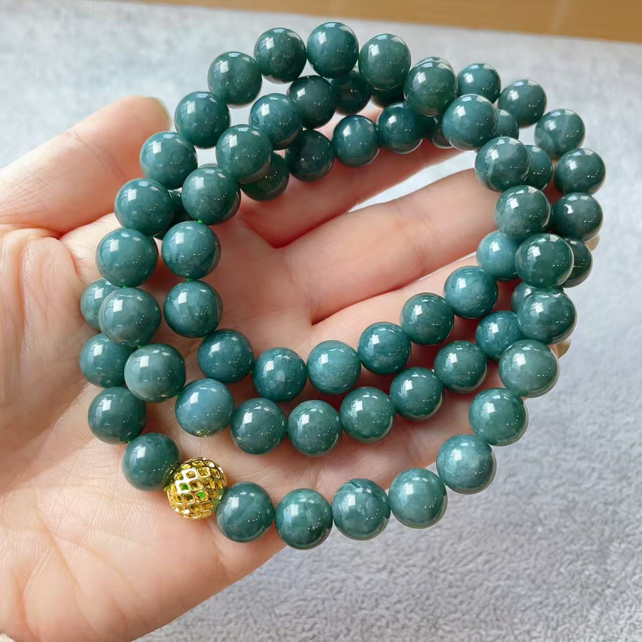 Certified Natural Blue Jadeite Beaded Necklace, 10mm Jadeite Chain Necklace, Minimalist Jadeite Long Chain