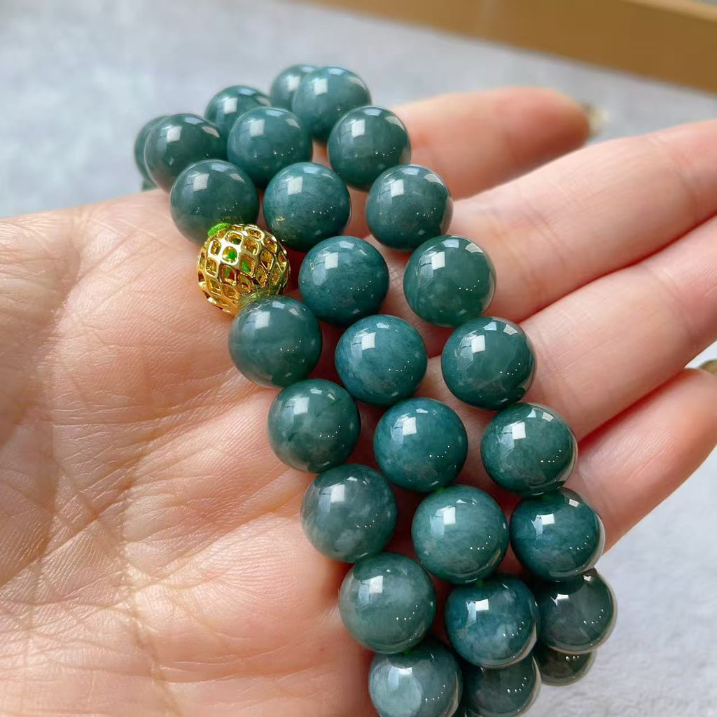 Certified Natural Blue Jadeite Beaded Necklace, 10mm Jadeite Chain Necklace, Minimalist Jadeite Long Chain