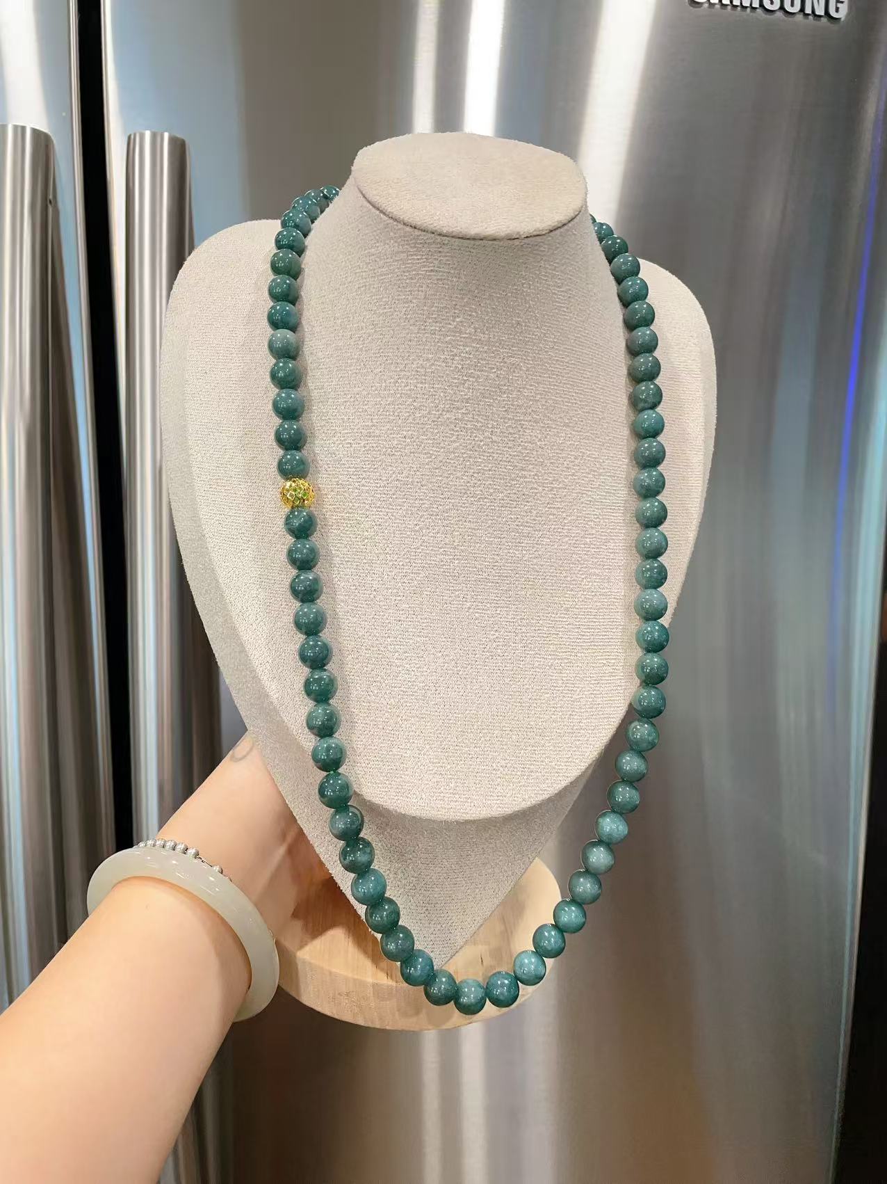 Certified Natural Blue Jadeite Beaded Necklace, 10mm Jadeite Chain Necklace, Minimalist Jadeite Long Chain