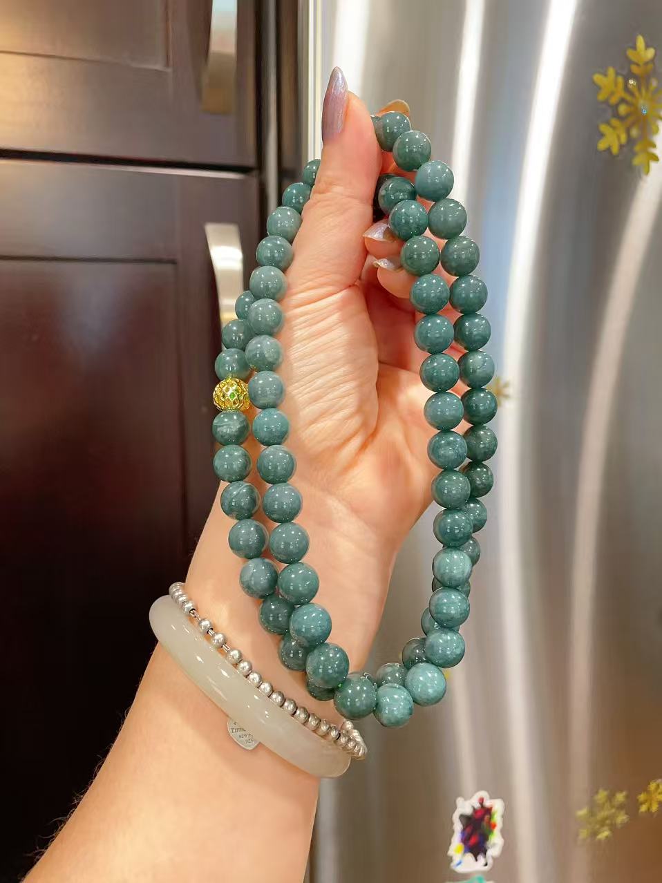 Certified Natural Blue Jadeite Beaded Necklace, 10mm Jadeite Chain Necklace, Minimalist Jadeite Long Chain