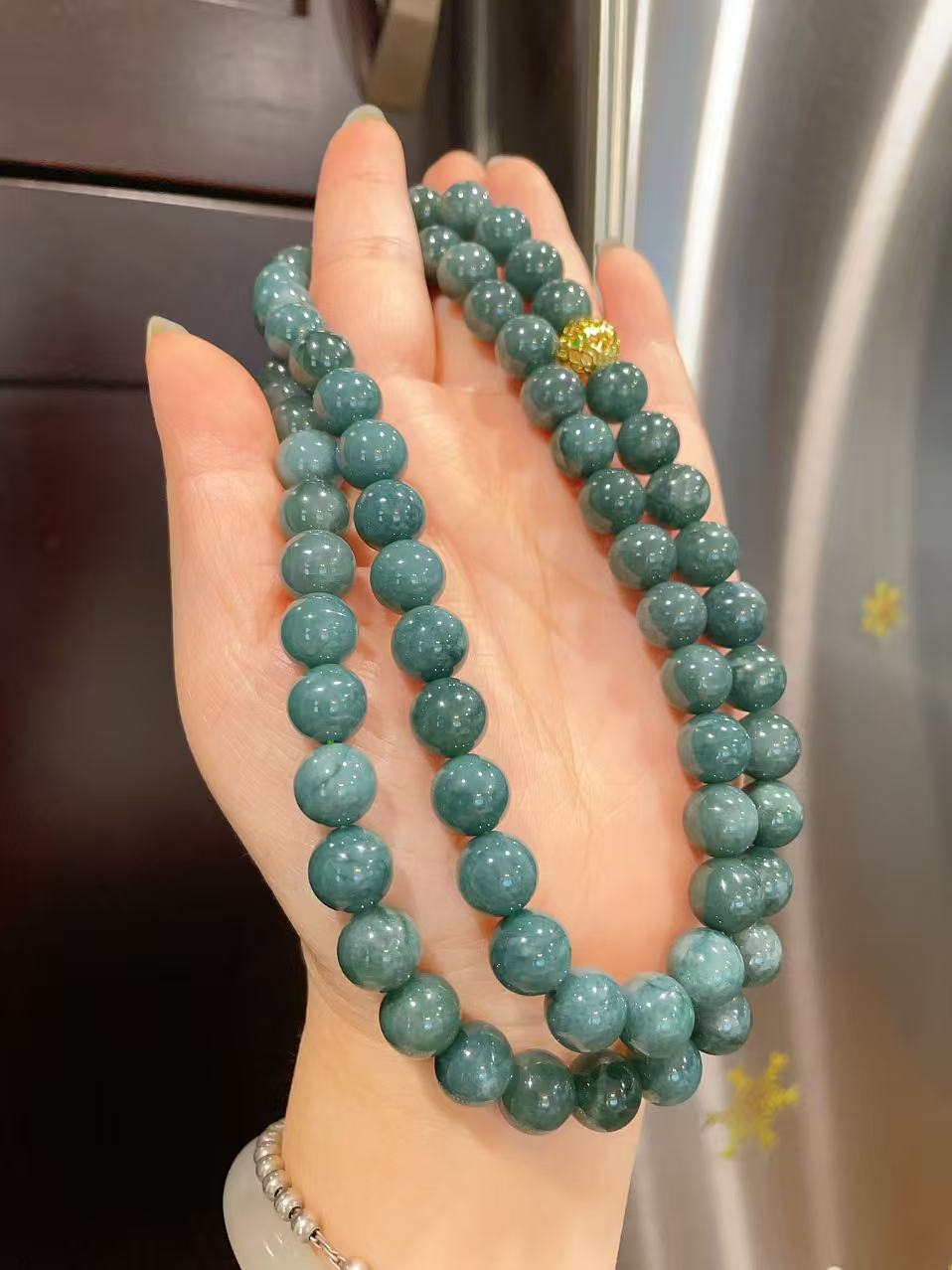 Certified Natural Blue Jadeite Beaded Necklace, 10mm Jadeite Chain Necklace, Minimalist Jadeite Long Chain