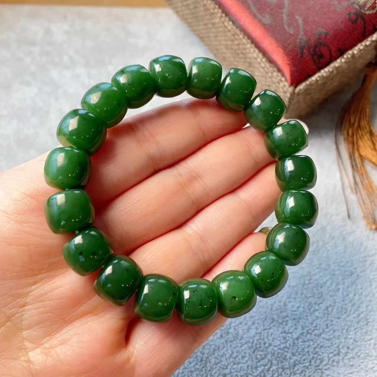 Certified Natural Green Jade Bracelet, 12MM Nephrite Jade Bracelet, Rich Green Jade