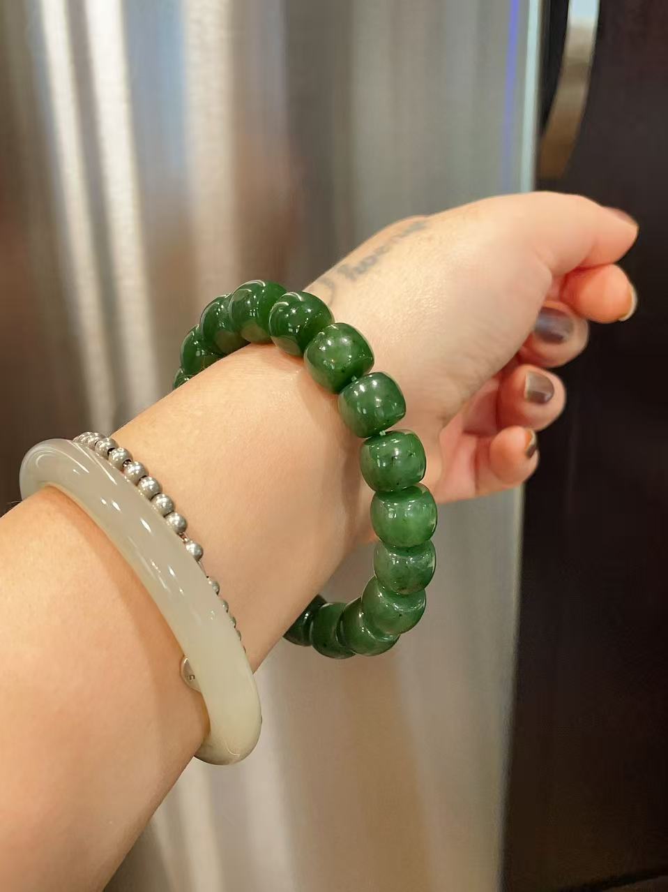 Certified Natural Green Jade Bracelet, 12MM Nephrite Jade Bracelet, Rich Green Jade