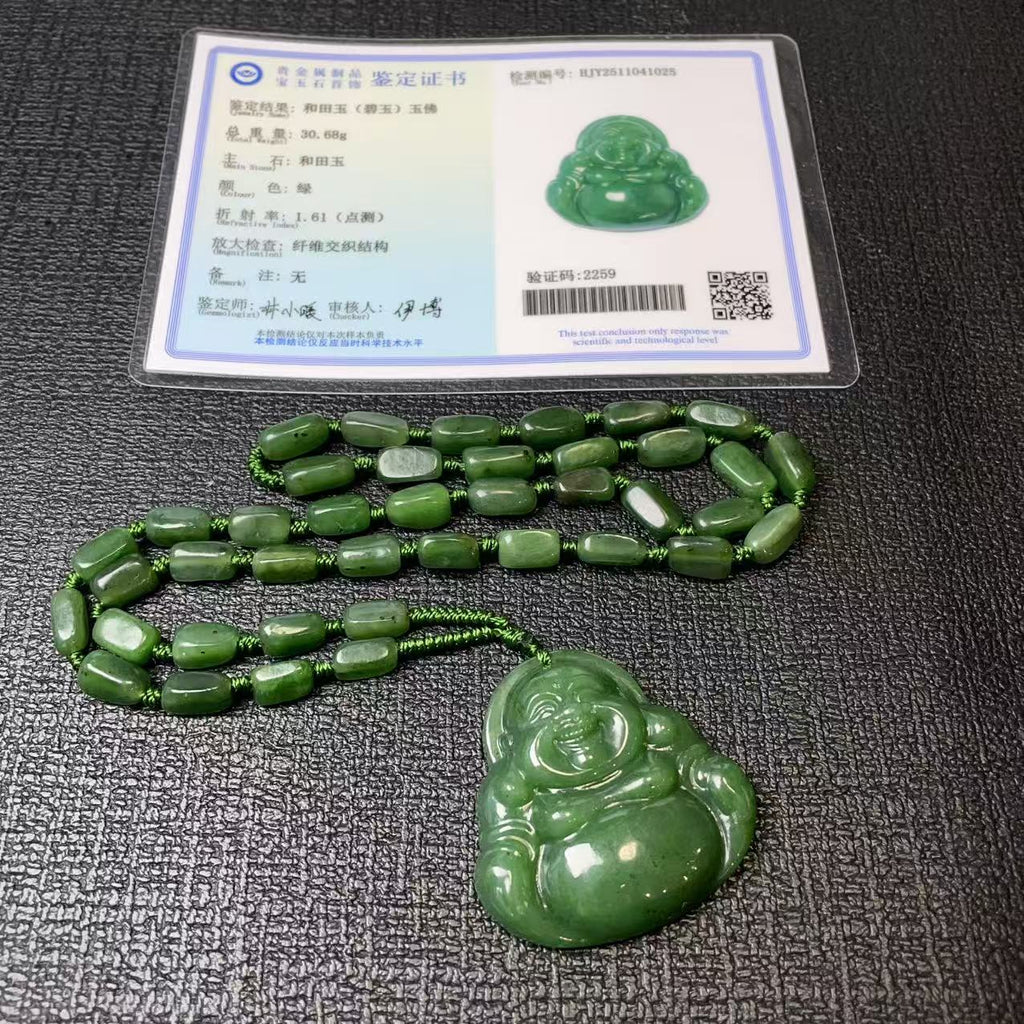 Certified Green Jade Budeha Pendent Necklace, Large Jade Buddha, Nephrite Jade Buddha, Gift for Everyone