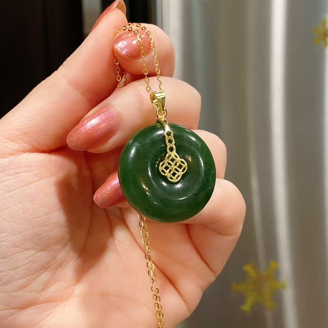 Certifeid Natural Green Jade Large Donut Pendent, Nephrite Jade Peach Pendent, Rich Green Jade Circle Pendent
