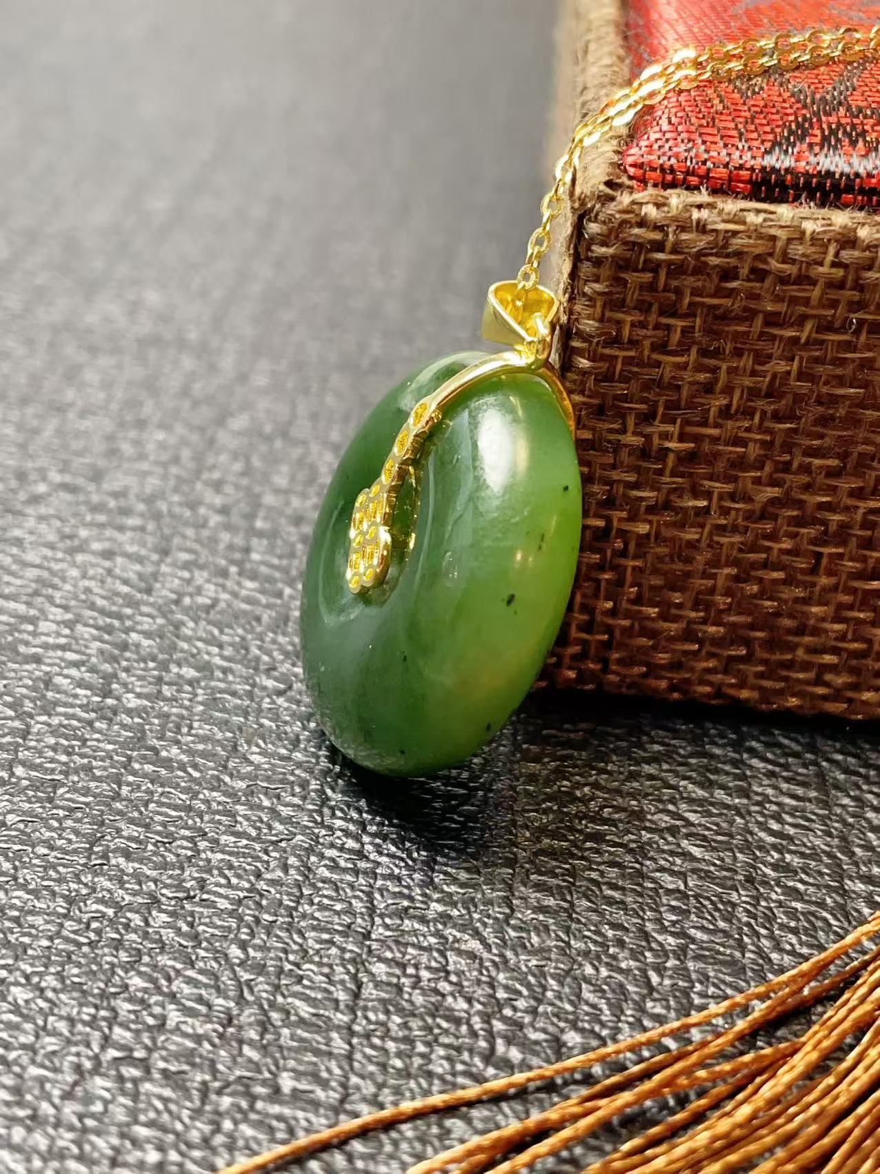 Certifeid Natural Green Jade Large Donut Pendent, Nephrite Jade Peach Pendent, Rich Green Jade Circle Pendent
