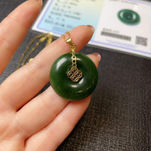 Certifeid Natural Green Jade Large Donut Pendent, Nephrite Jade Peach Pendent, Rich Green Jade Circle Pendent