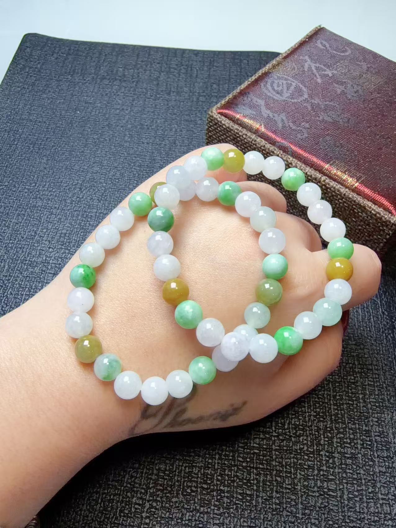 Certified Natural Jadeite Beaded Bracelet, 8mm Multi Color Grade A Jadeite Bracelet, Natural Green Jadeite
