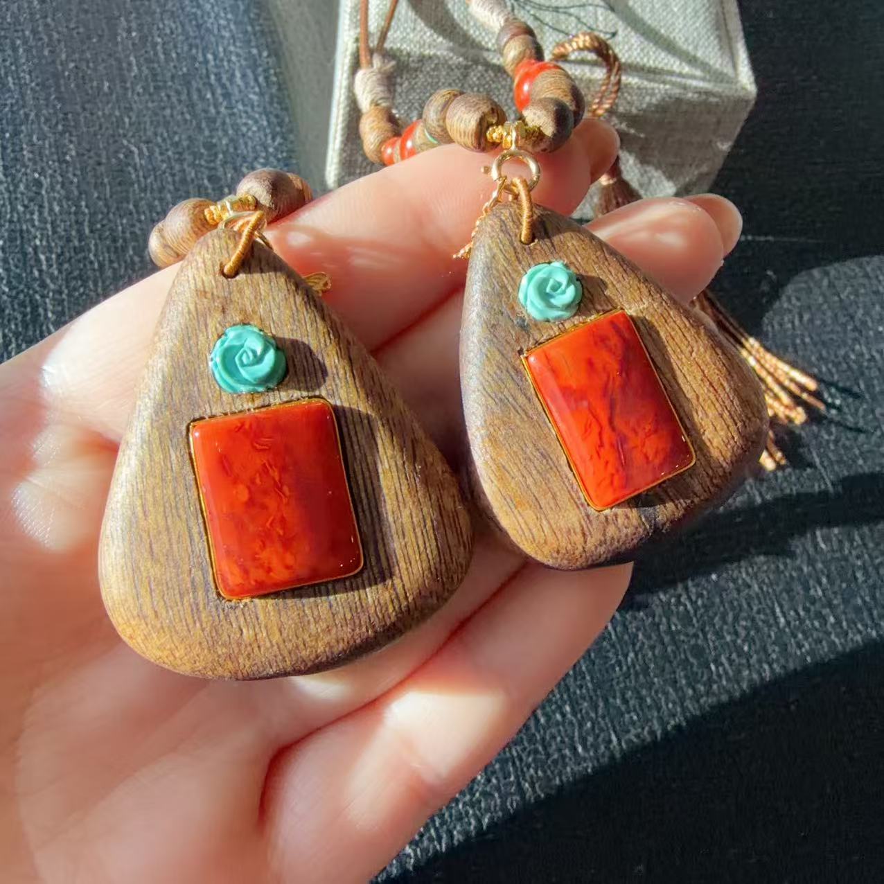 Certified Natural Red Agate &amp; Sandalwood Pendant Necklace, Handcraft High Grade Agate Pendent , Red Agate