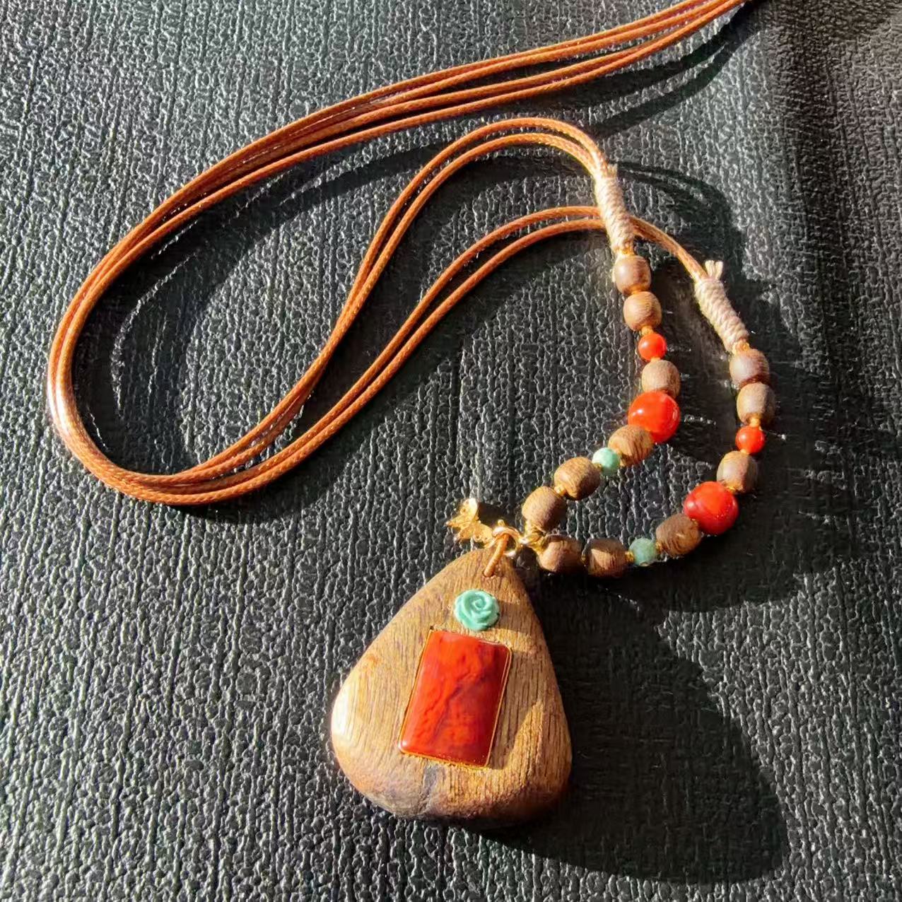 Certified Natural Red Agate &amp; Sandalwood Pendant Necklace, Handcraft High Grade Agate Pendent , Red Agate