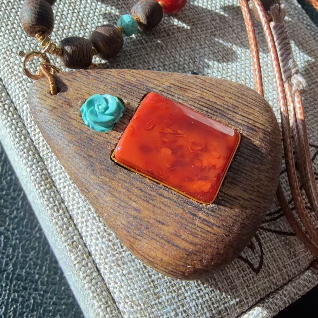 Certified Natural Red Agate &amp; Sandalwood Pendant Necklace, Handcraft High Grade Agate Pendent , Red Agate
