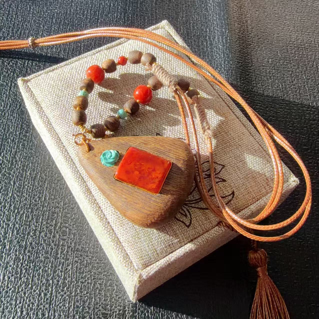 Certified Natural Red Agate &amp; Sandalwood Pendant Necklace, Handcraft High Grade Agate Pendent , Red Agate