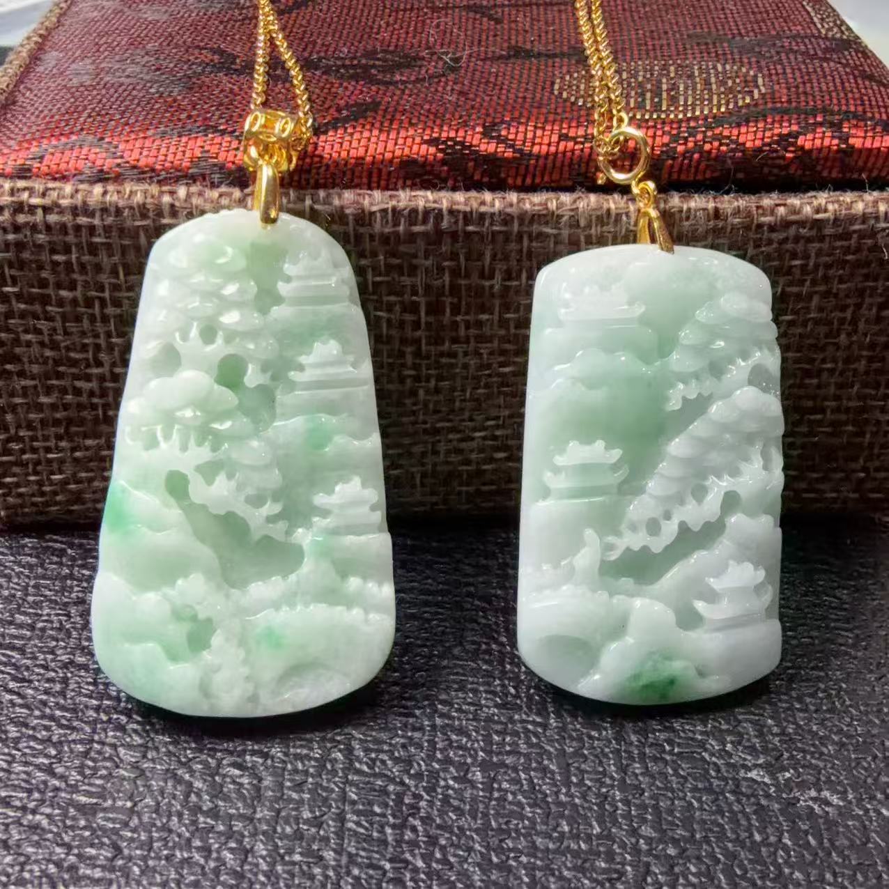 Certified Natural Jadeite Landscape Pendant Necklace (Grade A), Green Jadeite Pendent Necklace