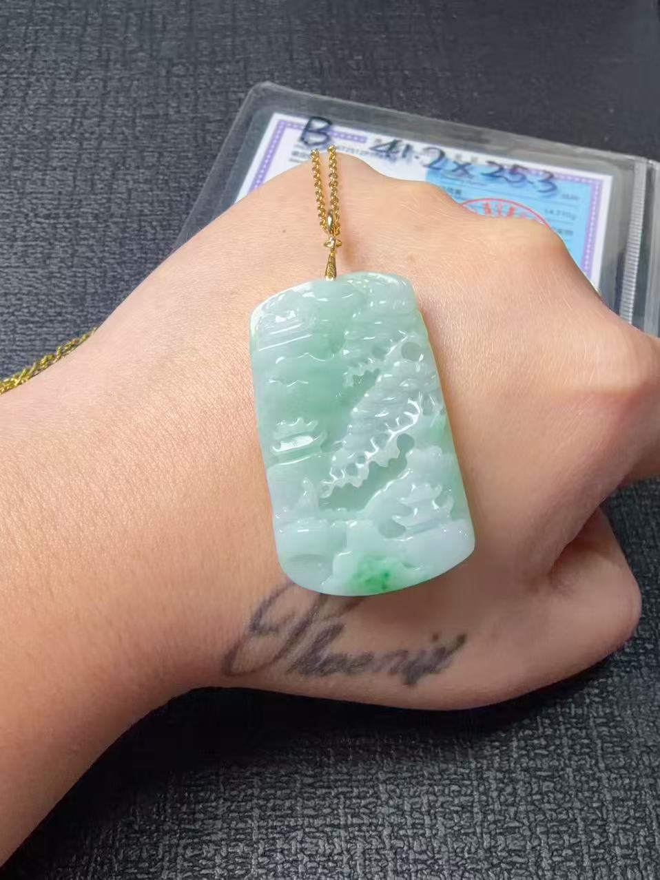 Certified Natural Jadeite Landscape Pendant Necklace (Grade A), Green Jadeite Pendent Necklace