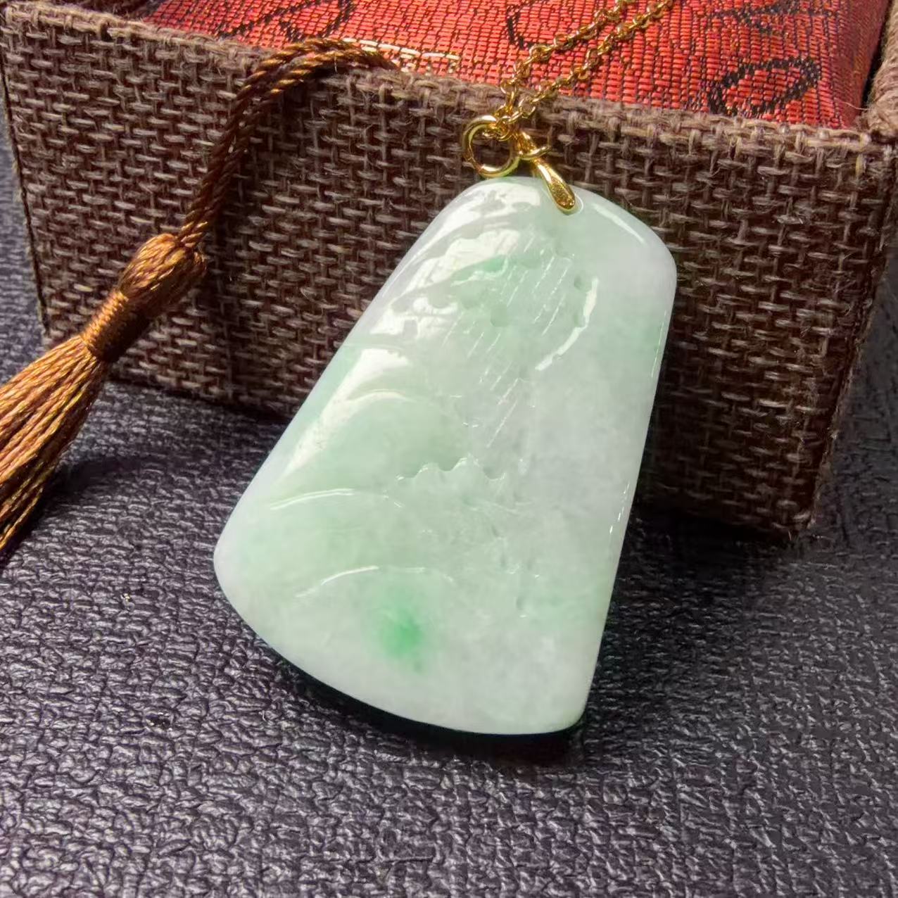 Certified Natural Jadeite Landscape Pendant Necklace (Grade A), Green Jadeite Pendent Necklace