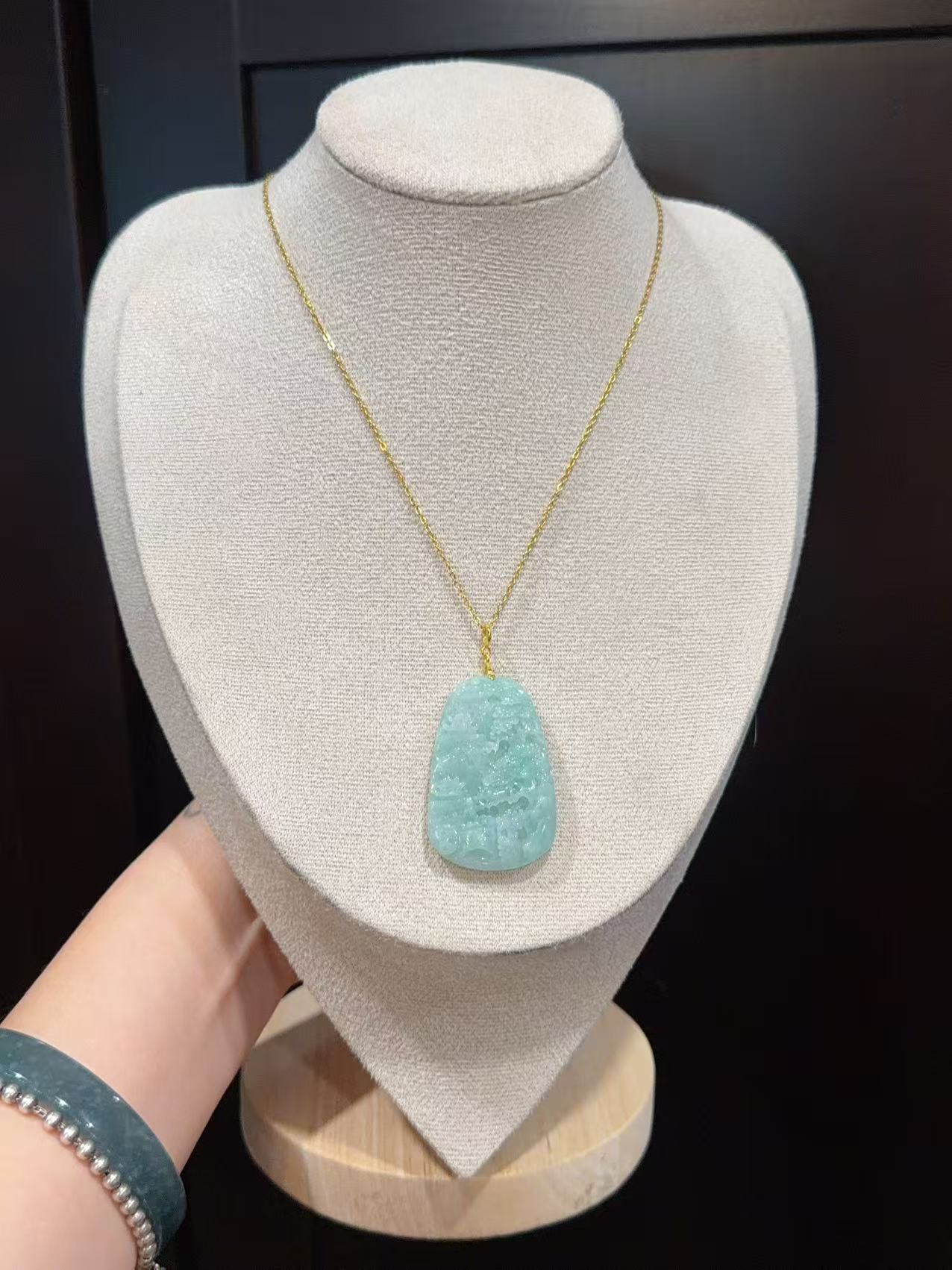 Certified Natural Jadeite Landscape Pendant Necklace (Grade A), Green Jadeite Pendent Necklace