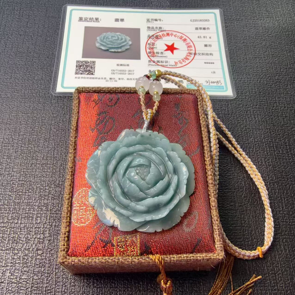 Certified Natural Blue Jadeite Flower Pendent, Large Jadeite Pendent Necklace, Handmade Jade Pendent