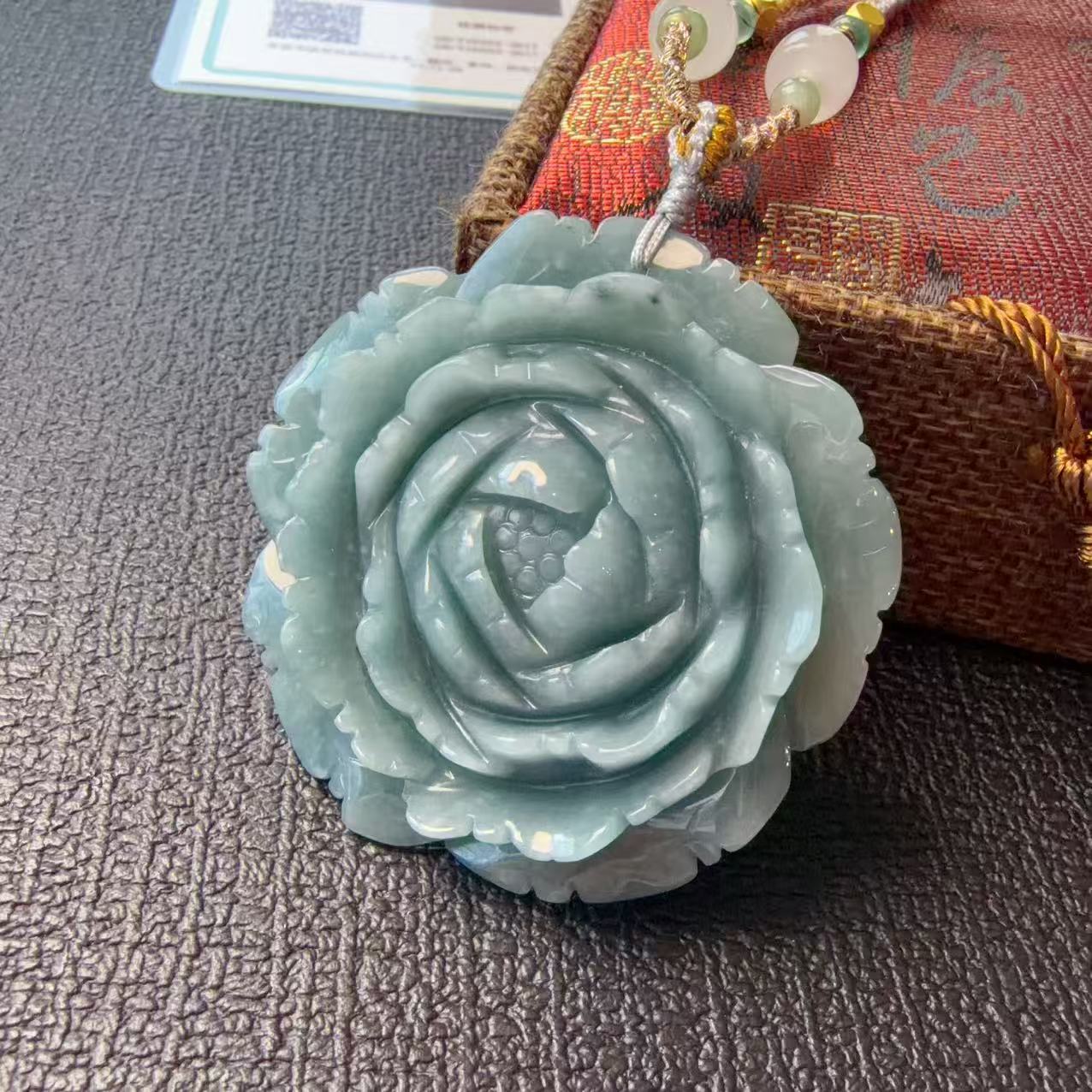 Certified Natural Blue Jadeite Flower Pendent, Large Jadeite Pendent Necklace, Handmade Jade Pendent