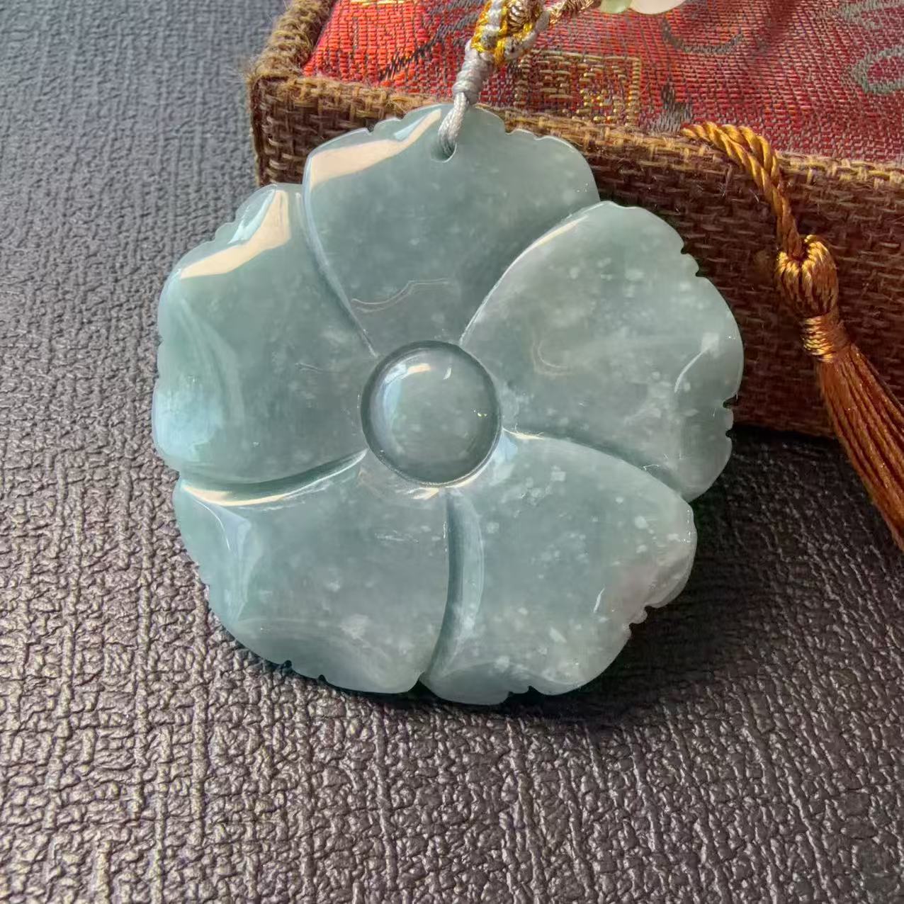 Certified Natural Blue Jadeite Flower Pendent, Large Jadeite Pendent Necklace, Handmade Jade Pendent