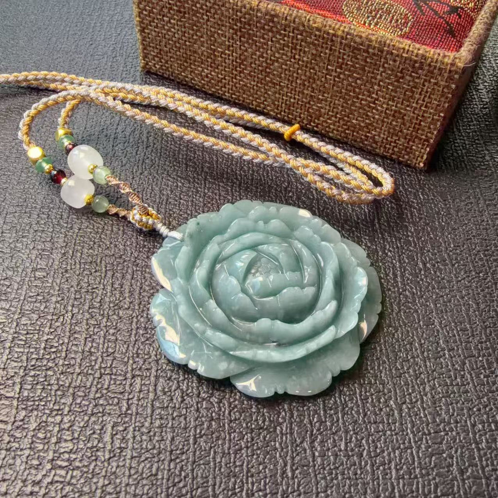Certified Natural Blue Jadeite Flower Pendent, Large Jadeite Pendent Necklace, Handmade Jade Pendent