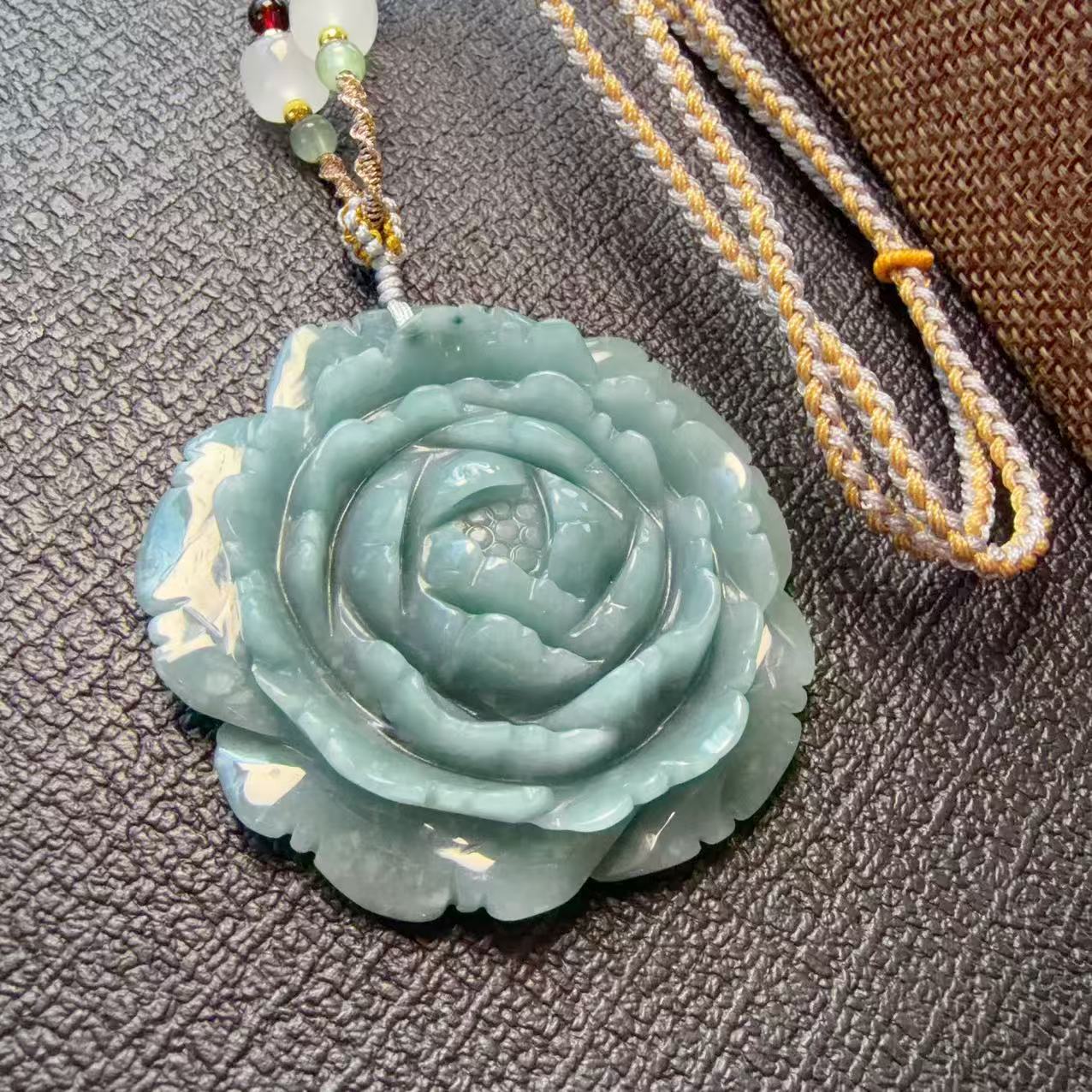 Certified Natural Blue Jadeite Flower Pendent, Large Jadeite Pendent Necklace, Handmade Jade Pendent