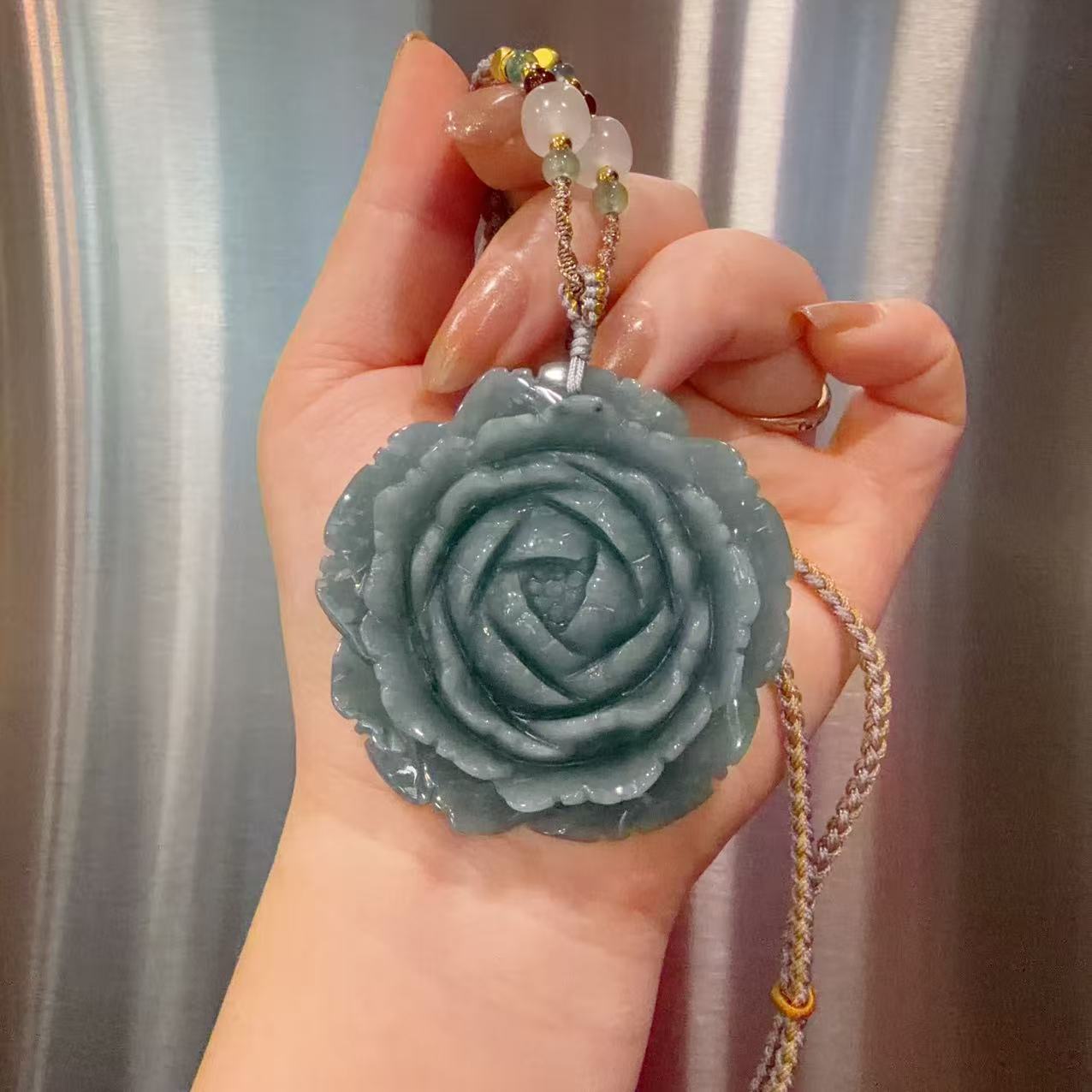 Certified Natural Blue Jadeite Flower Pendent, Large Jadeite Pendent Necklace, Handmade Jade Pendent
