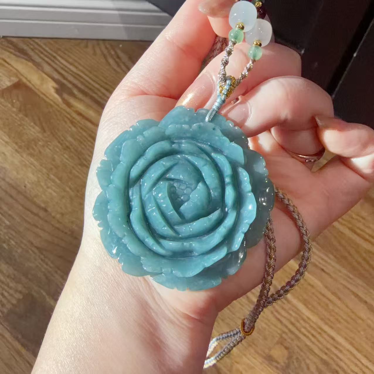 Certified Natural Blue Jadeite Flower Pendent, Large Jadeite Pendent Necklace, Handmade Jade Pendent