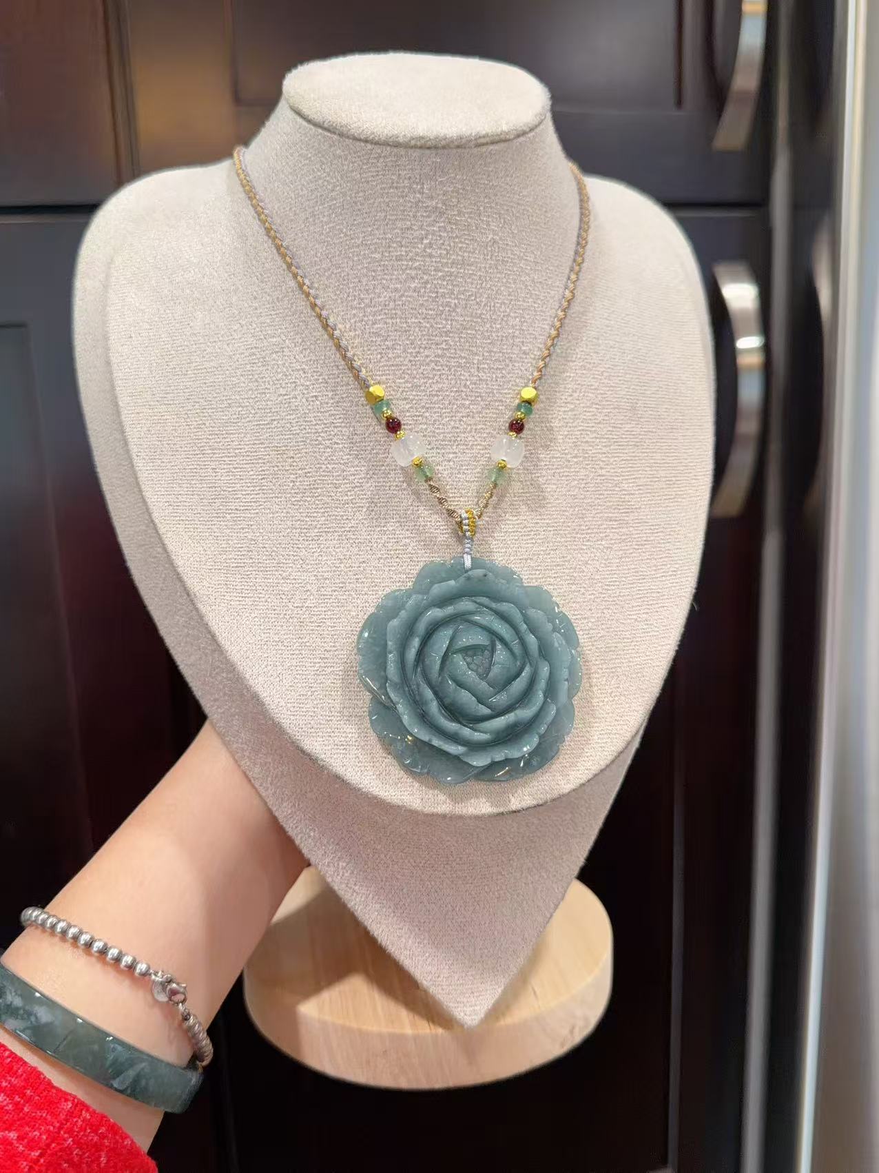 Certified Natural Blue Jadeite Flower Pendent, Large Jadeite Pendent Necklace, Handmade Jade Pendent