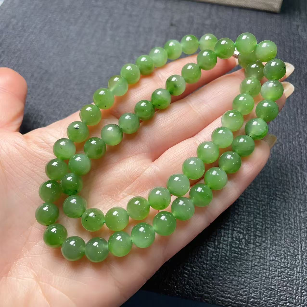 Certified Natural Green Jade Bead Necklace ,8mm Beaded Jade Chain, Nephrite Jade Necklace, 18” Length