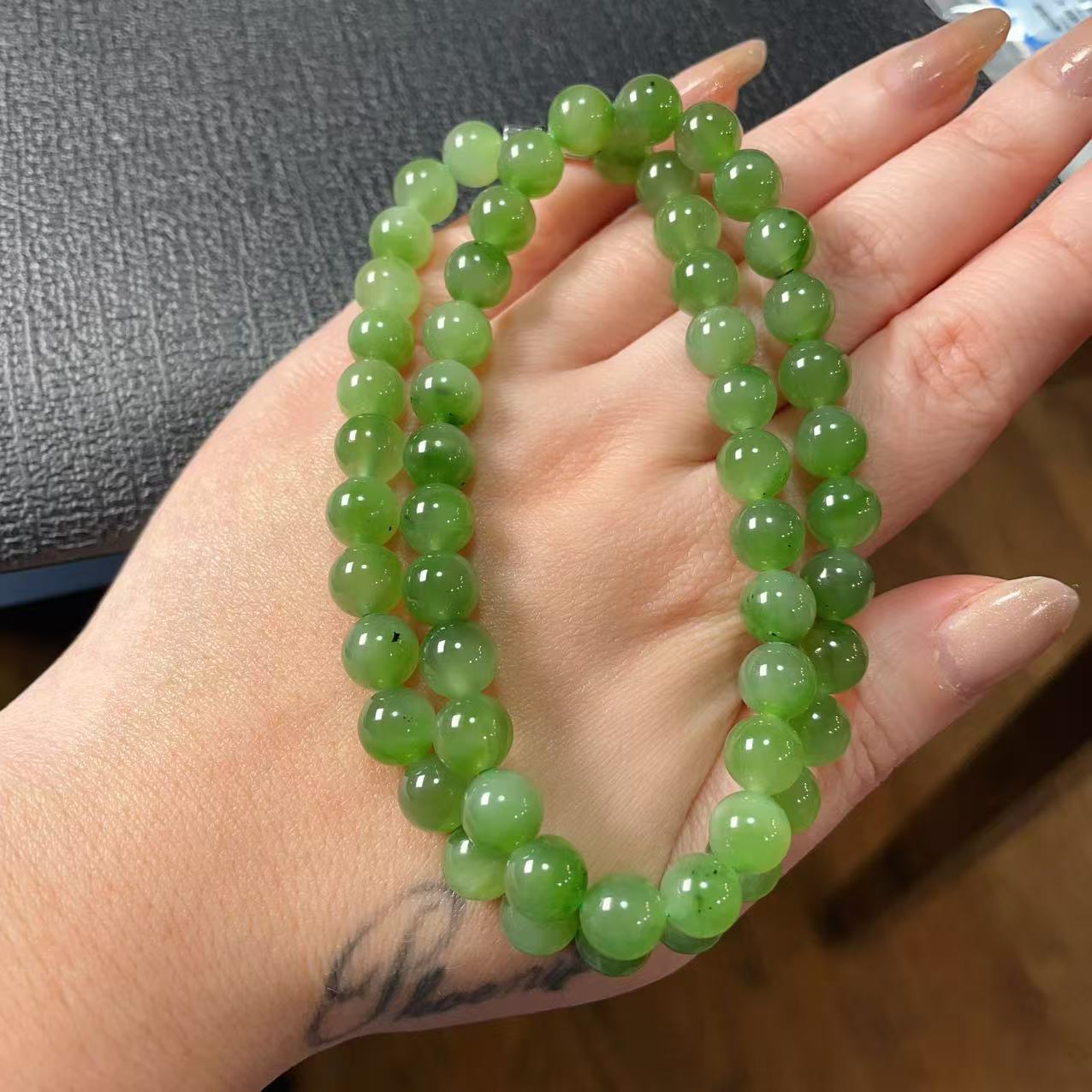 Certified Natural Green Jade Bead Necklace ,8mm Beaded Jade Chain, Nephrite Jade Necklace, 18” Length