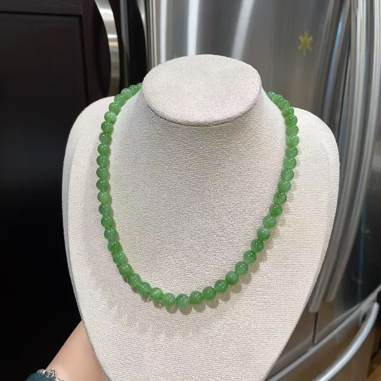 Certified Natural Green Jade Bead Necklace ,8mm Beaded Jade Chain, Nephrite Jade Necklace, 18” Length