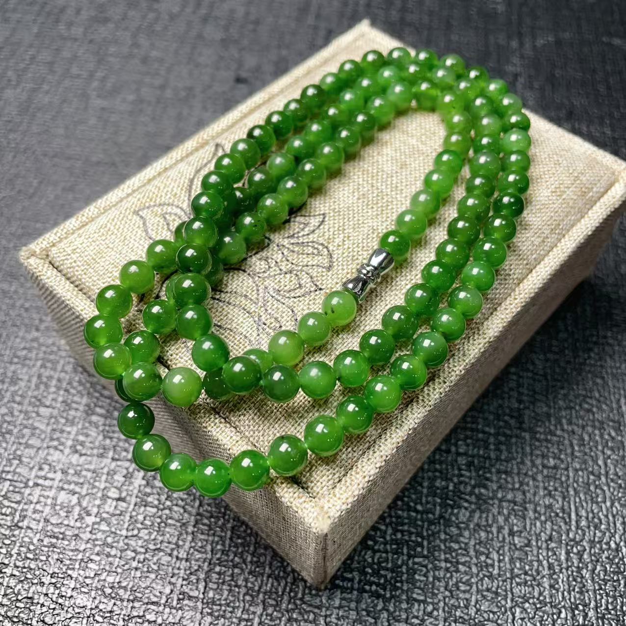 Certified Natural Green Jade Bead Necklace , 6mm Beaded Long Chain 25” Length, Rich Green Jade, Nephrite Jade