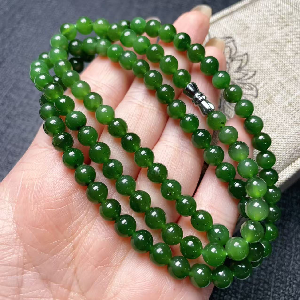 Certified Natural Green Jade Bead Necklace , 6mm Beaded Long Chain 25” Length, Rich Green Jade, Nephrite Jade