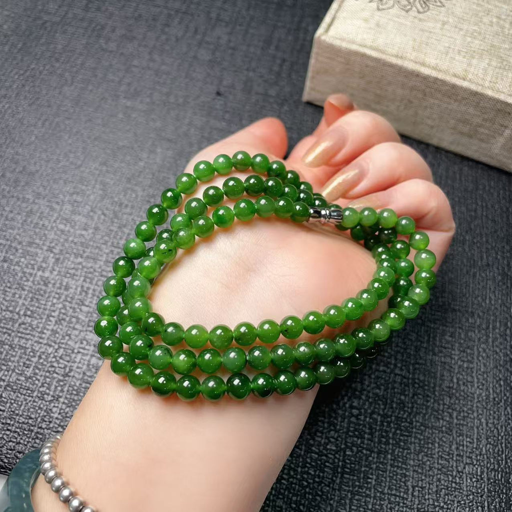Certified Natural Green Jade Bead Necklace , 6mm Beaded Long Chain 25” Length, Rich Green Jade, Nephrite Jade