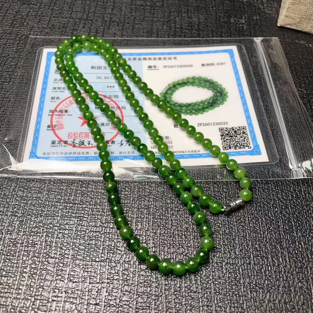 Certified Natural Green Jade Bead Necklace , 6mm Beaded Long Chain 25” Length, Rich Green Jade, Nephrite Jade
