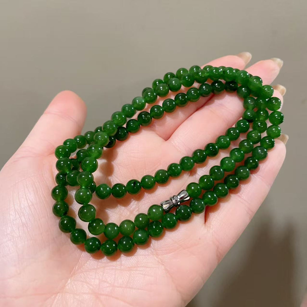 Certified Natural Green Jade Bead Necklace , 6mm Beaded Long Chain 25” Length, Rich Green Jade, Nephrite Jade