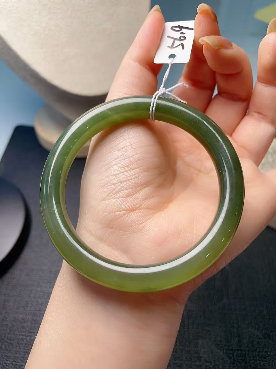 Certified Natural Green Jade Bangle , Iced Lake Green Nephrite Jade Bangle , 56.9mm Size Jade Bangle Bracelet