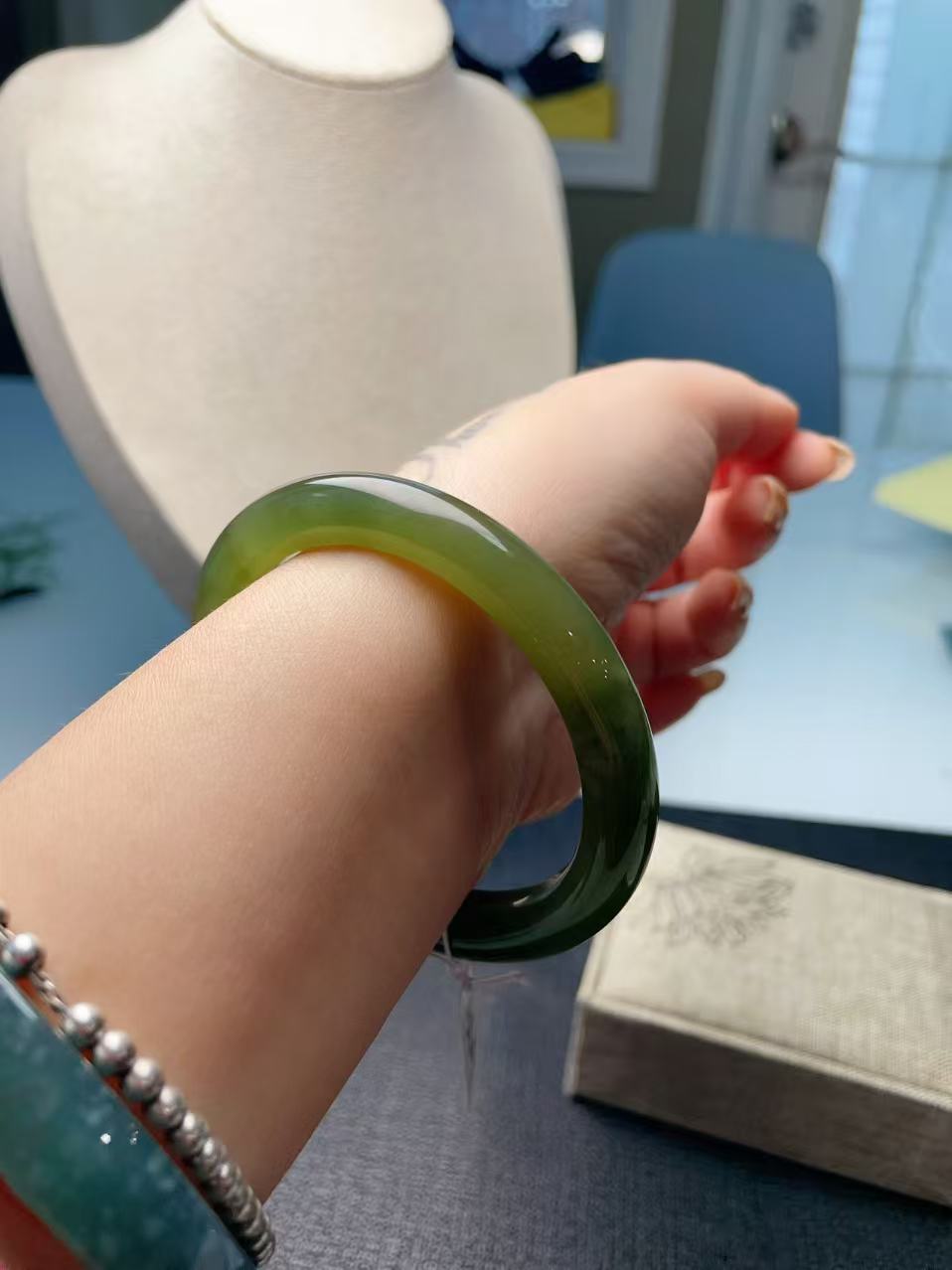 Certified Natural Green Jade Bangle , Iced Lake Green Nephrite Jade Bangle , 56.9mm Size Jade Bangle Bracelet