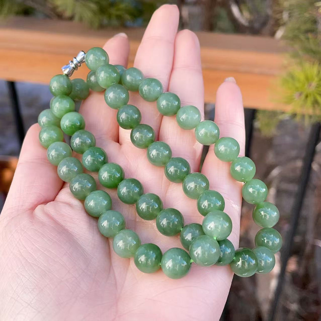 Certified Natural Green Jade 10mm Necklace, Fresh Green Beaded Jade Necklace, Minimalist Jade Chain
