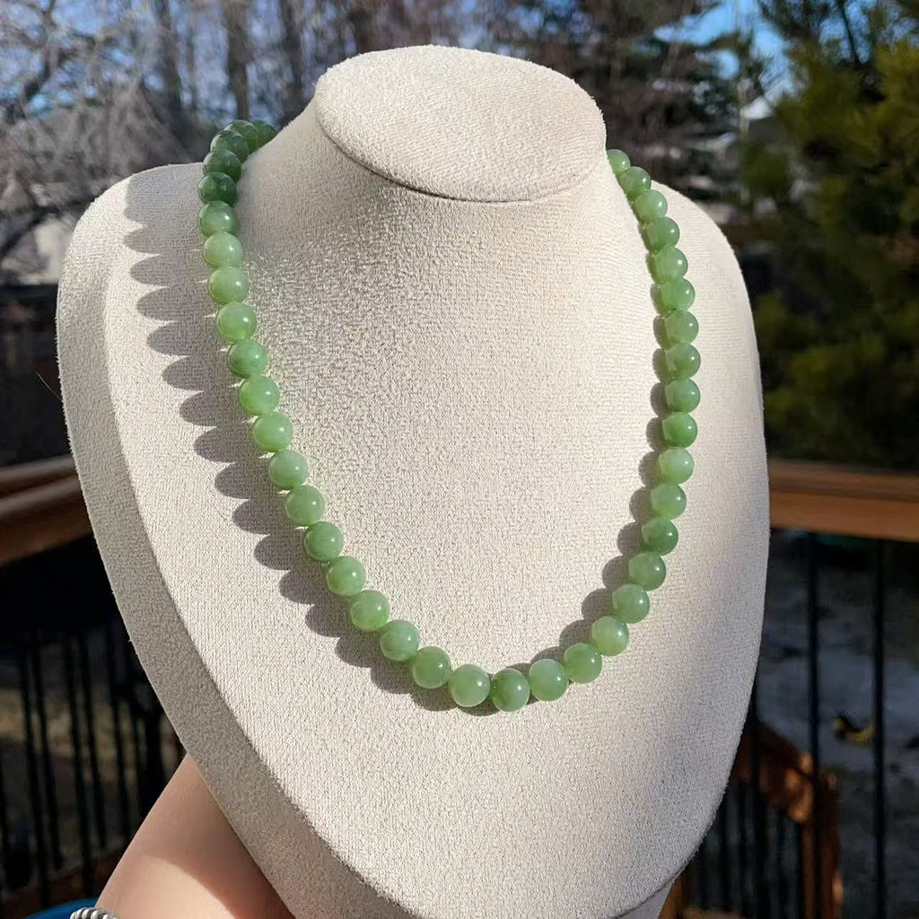 Certified Natural Green Jade 10mm Necklace, Fresh Green Beaded Jade Necklace, Minimalist Jade Chain