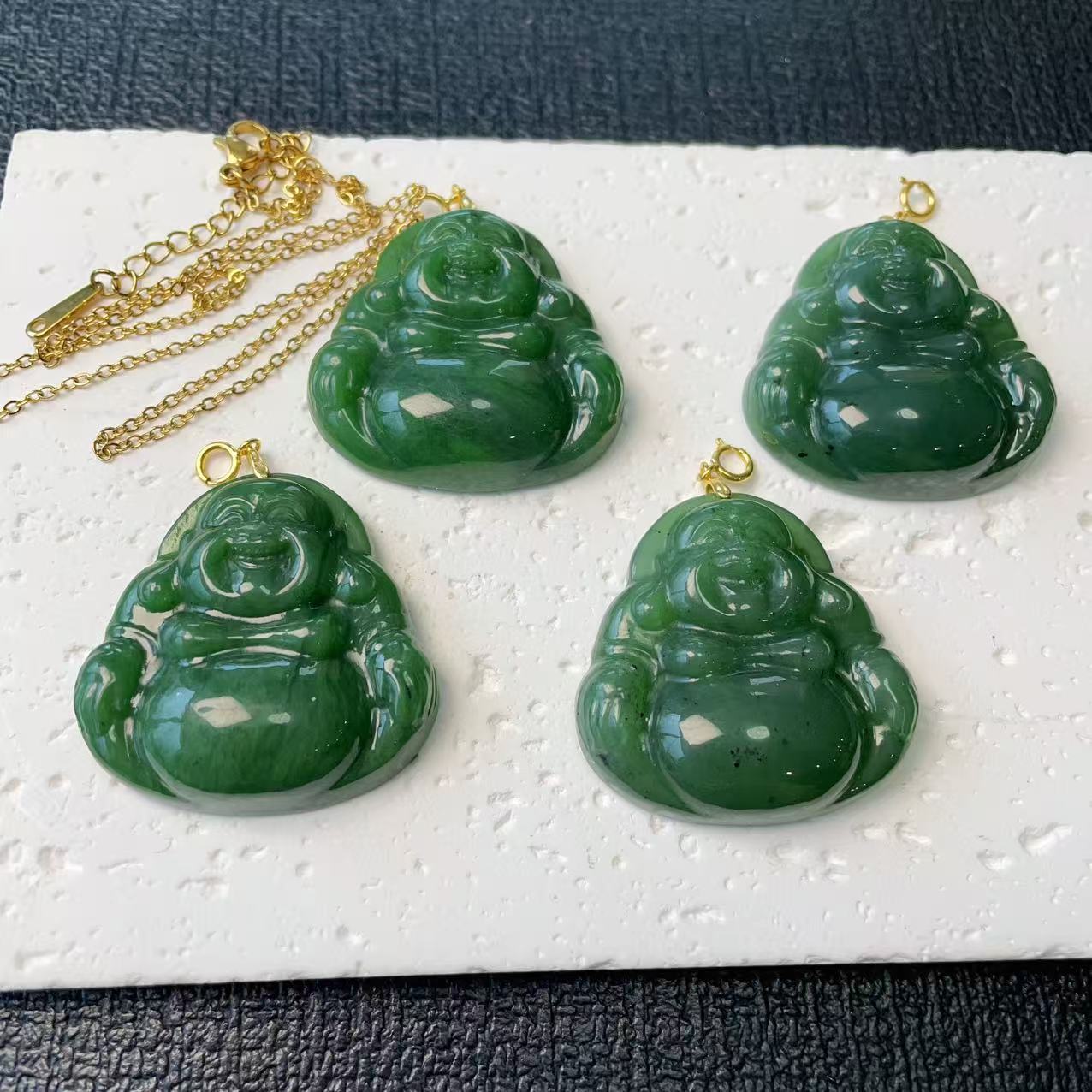 Natural Nephrite Jade Laughing Buddha Pendant Necklace, Green Jade Buddha Pendent, Rich Green Jade
