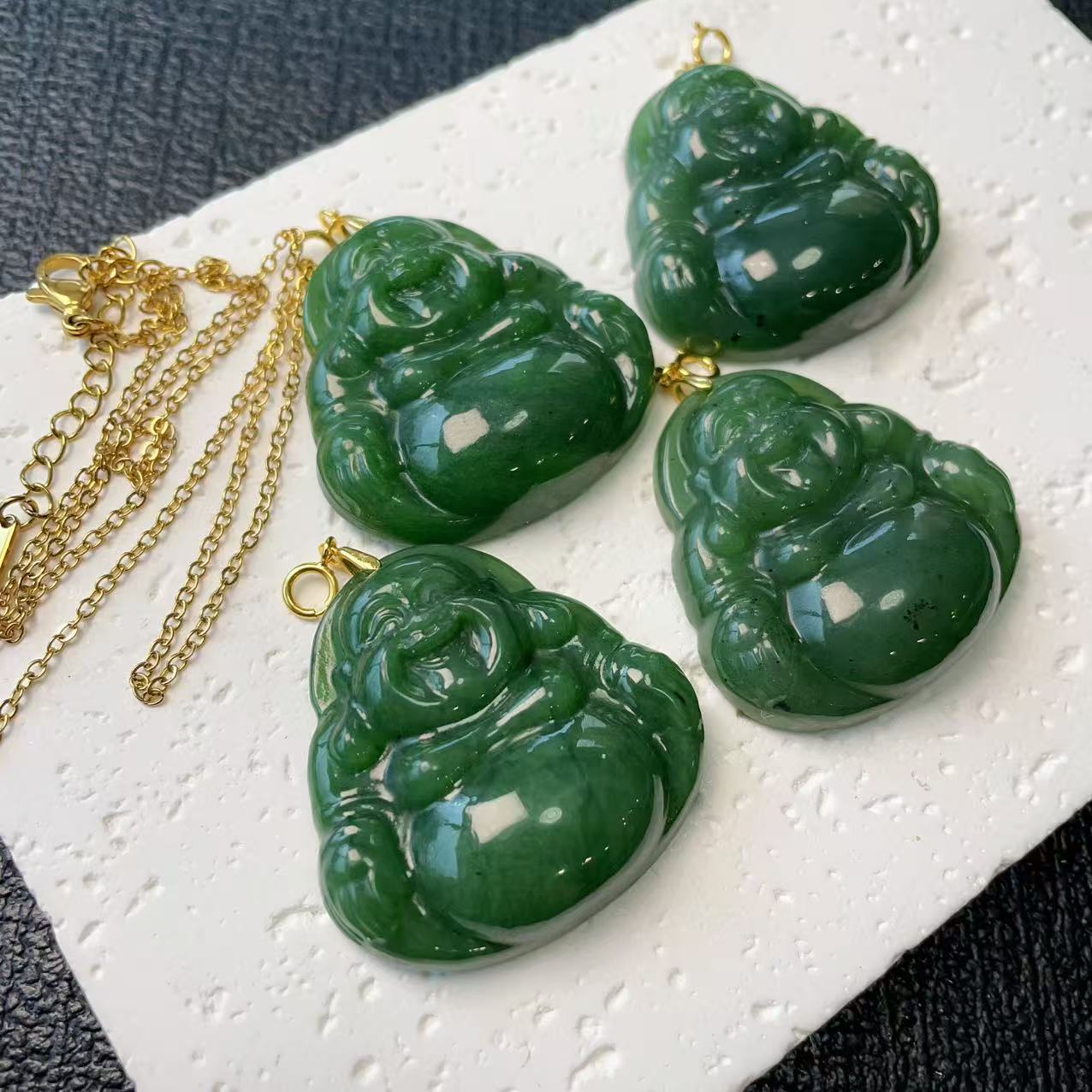Natural Nephrite Jade Laughing Buddha Pendant Necklace, Green Jade Buddha Pendent, Rich Green Jade