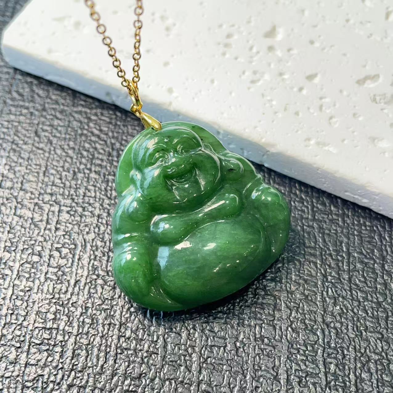 Natural Nephrite Jade Laughing Buddha Pendant Necklace, Green Jade Buddha Pendent, Rich Green Jade