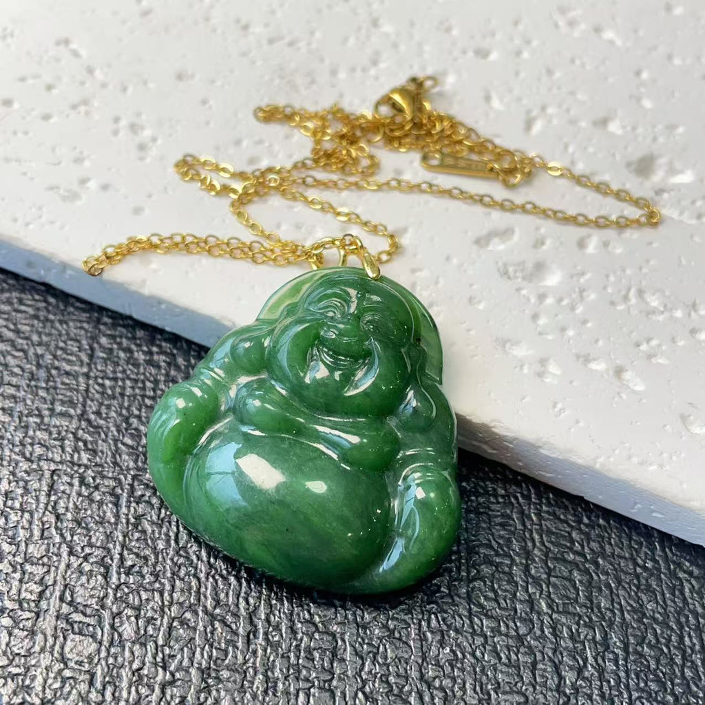 Natural Nephrite Jade Laughing Buddha Pendant Necklace, Green Jade Buddha Pendent, Rich Green Jade