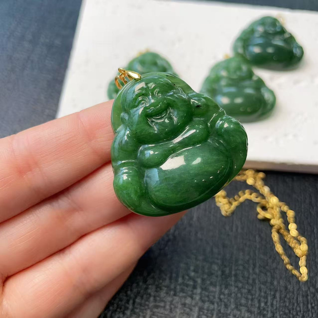 Natural Nephrite Jade Laughing Buddha Pendant Necklace, Green Jade Buddha Pendent, Rich Green Jade