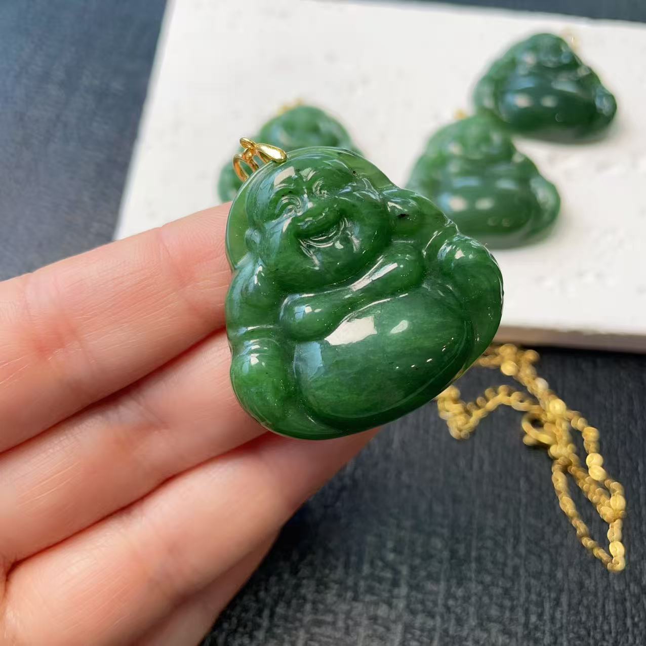 Natural Nephrite Jade Laughing Buddha Pendant Necklace, Green Jade Buddha Pendent, Rich Green Jade