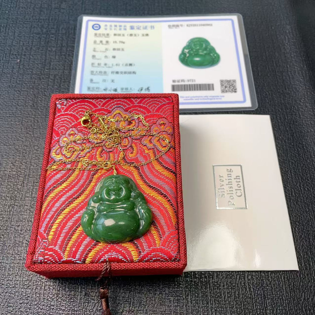 Natural Nephrite Jade Laughing Buddha Pendant Necklace, Green Jade Buddha Pendent, Rich Green Jade