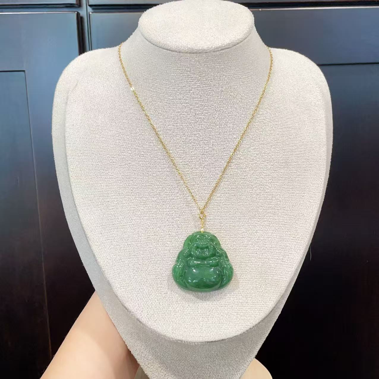 Natural Nephrite Jade Laughing Buddha Pendant Necklace, Green Jade Buddha Pendent, Rich Green Jade