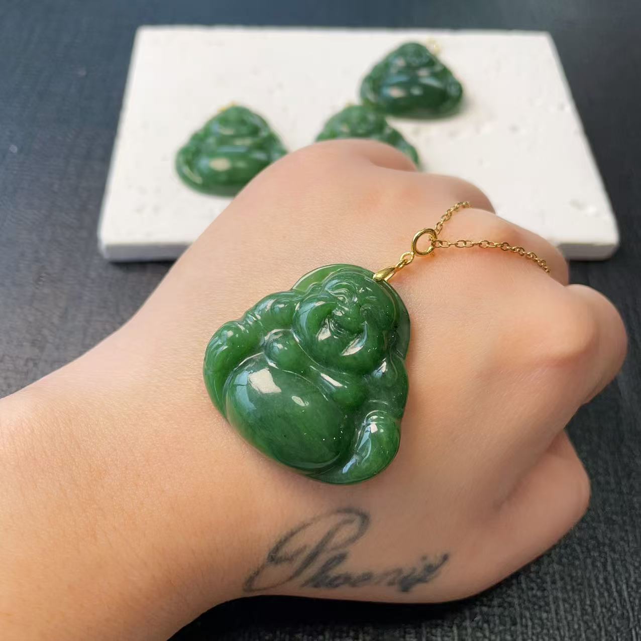 Natural Nephrite Jade Laughing Buddha Pendant Necklace, Green Jade Buddha Pendent, Rich Green Jade